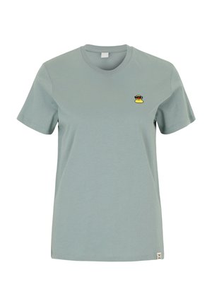 Hellgrünes T-Shirt mit kurzen Ärmeln, Rundhalsausschnitt und kleinem besticktem gelben Gummienten-Motiv mit Sonnenbrille auf der linken Brust.