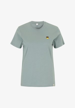 Light green short-sleeve T-shirt with crew neck and small embroidered yellow rubber duck wearing sunglasses on the left chest.