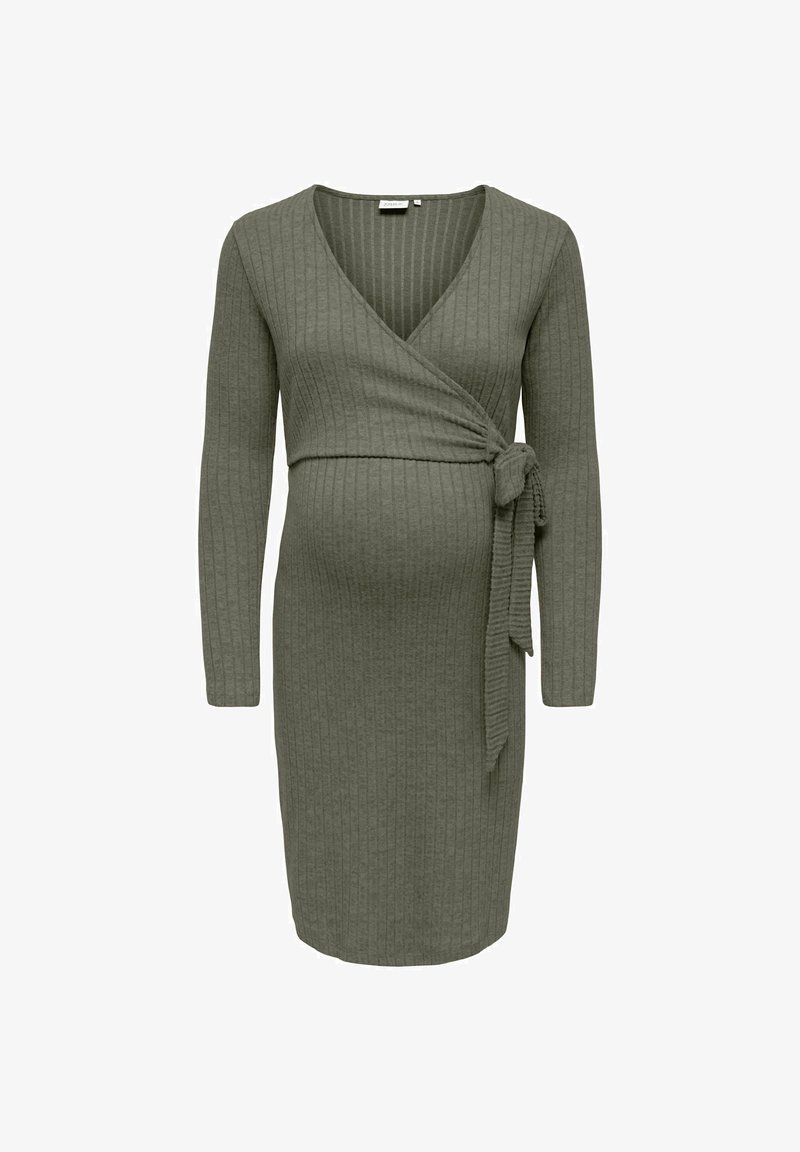 Robe portefeuille en maille côtelée à manches longues de couleur vert olive avec un détail noué à la taille, conçue pour la maternité.