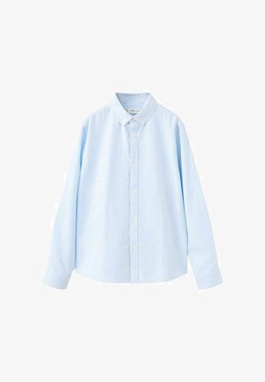 Cămașă bleu deschis cu nasturi, confecționată din material țesut de bumbac, cu dungi verticale albe, guler standard și mâneci lungi.