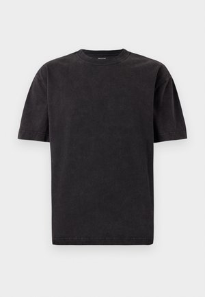 T-shirt en coton noir avec un col rond, des manches courtes et une texture lisse. Présente un aspect légèrement décoloré sur le tissu.