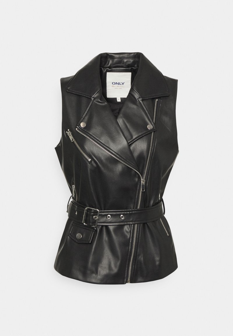 Zwarte leren vest met een brede kraag, asymmetrische ritssluiting aan de voorkant, zijzakken en een ceintuur in de taille voor een aangesloten silhouet.