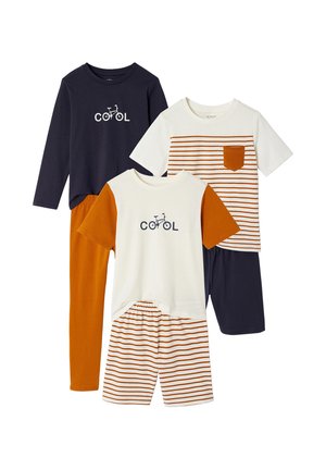 Three sets of children’s pajamas: one navy long-sleeve with orange pants and "cool" bike print, one cream and orange short-sleeve with striped shorts, one striped top with navy shorts.
