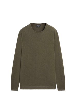 Langærmet olivengrøn rundhalsstrik trøje lagt fladt, lavet af blødt strikstof med en lige kant og uden synlige mønstre eller logoer.