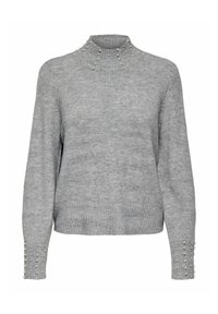 Grå genser med høy hals og ribbet hem. Har perlepynt på skuldrene og ermene. Myk tekstur, løs passform.