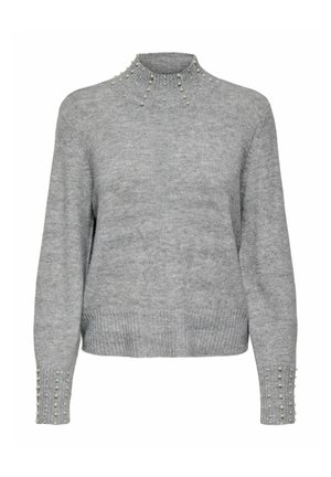 Harmaa neule, jossa on korkea kaulus ja ribattu helma. Olkapäissä ja hihoissa on helmikoristeita. Pehmeä tekstuuri, väljä istuvuus.