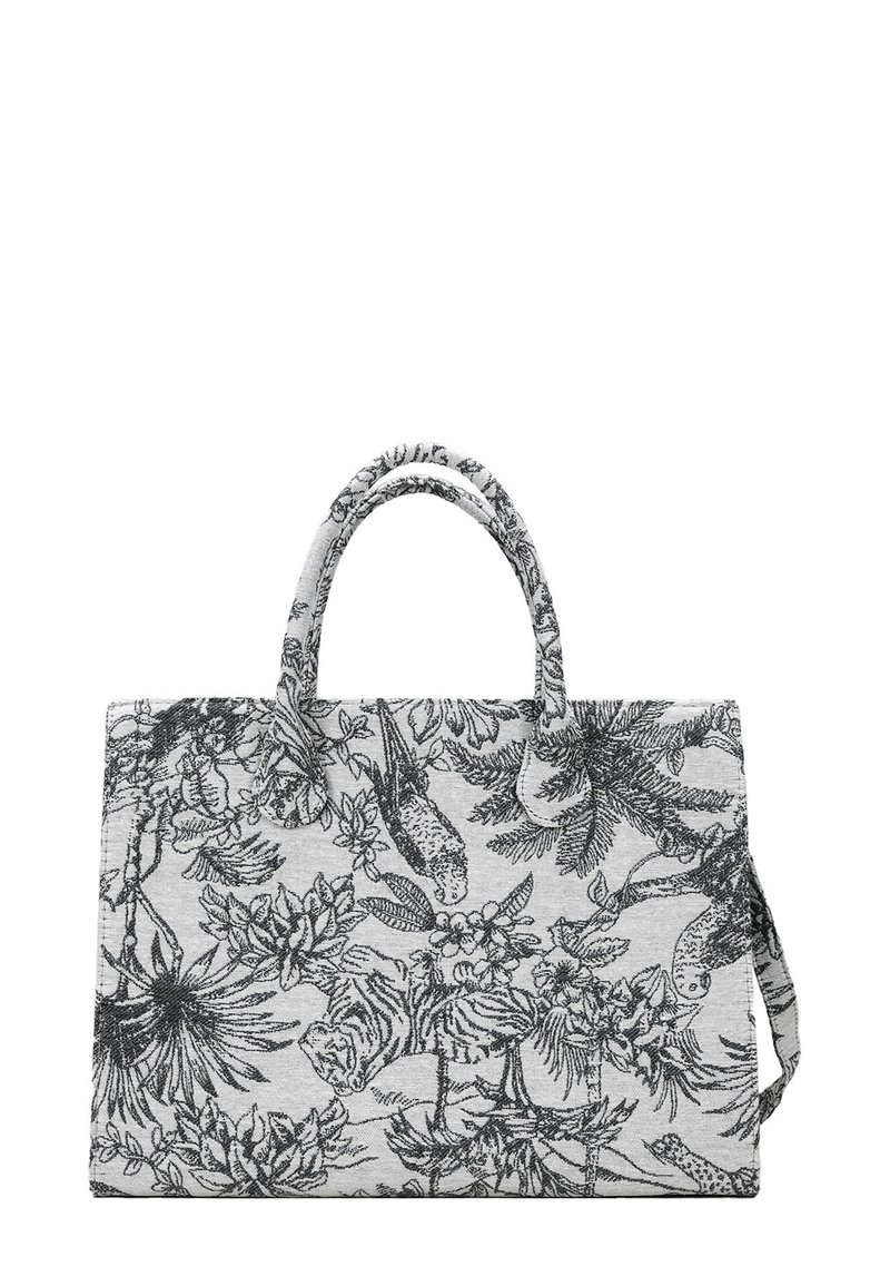 Bolsa de tela gris con estampado botánico y animal en negro, dos asas cortas y una correa de hombro removible. Forma rectangular.