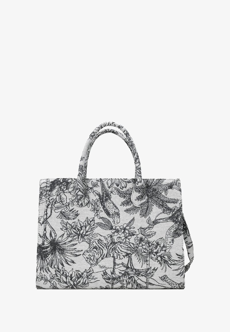 Bolsa tote de tela gris con un patrón negro de flores y animales, asas dobles y una correa para el hombro desmontable. Forma rectangular, acabado texturizado.