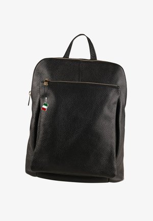 Black leather backpack with a textured finish, featuring a front zip pocket, gold hardware, and a small Italian flag charm.