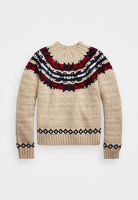 Beige stickad tröja med rund hals, intricatel röd, marinblå och vit mönster vid oket, samt mörkblå detaljer i nederkant.