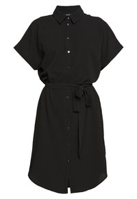 Vestido negro de camisa con collar, mangas cortas, cierre frontal de botones, cinturón en la cintura y dobladillo ligeramente curvado. Tejido suave con una textura lisa.