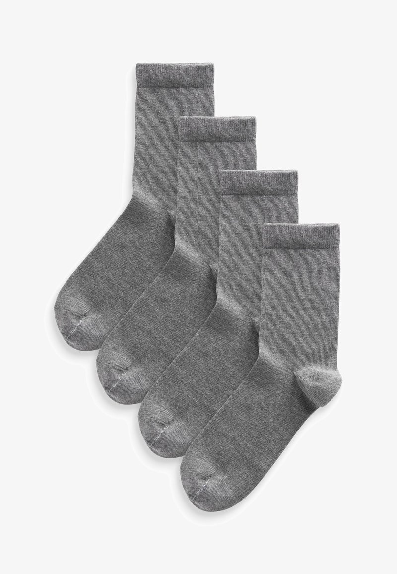 Vier Paare graue Socken aus einem weichen, gestrickten Material mit einem klassischen Rippbund. Sie haben eine glatte Textur und eine verstärkte Spitze.