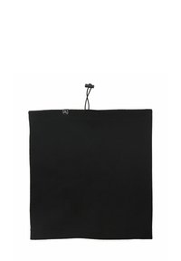 Melna vilnas kakla siltuma aizsargs, taisnstūra forma, regulējams izvelkamais diegs, mīksta tekstūra, apstrādātas malas, logo birka augšējā kreisajā stūrī.