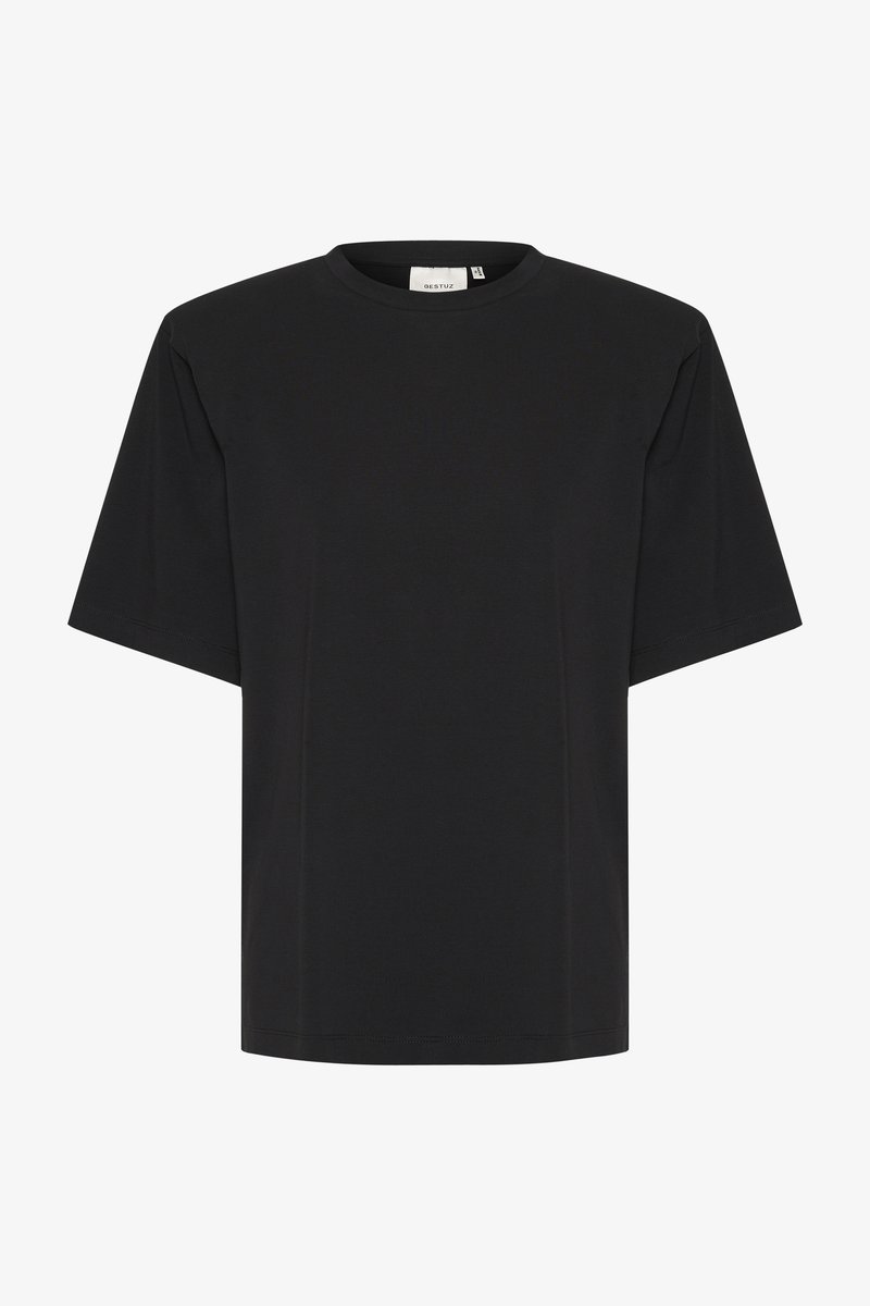 Camiseta negra de manga corta con escote redondeado, hecha de una tela suave y lisa, con un corte relajado y sin patrones o detalles visibles.