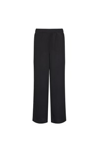 Zwarte, losse culottes met een elastische tailleband, gemaakt van lichte stof, met een gladde textuur en een wijd pijpdesign.