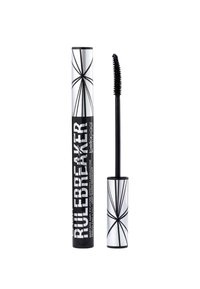 Tubetto di mascara in bianco e nero con un design geometrico, caratterizzato da un testo in grassetto. Include un pennello lungo e sottile con setole per l'applicazione.