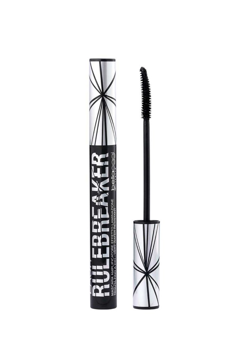Tubetto di mascara in bianco e nero con un design geometrico, caratterizzato da un testo in grassetto. Include un pennello lungo e sottile con setole per l'applicazione.