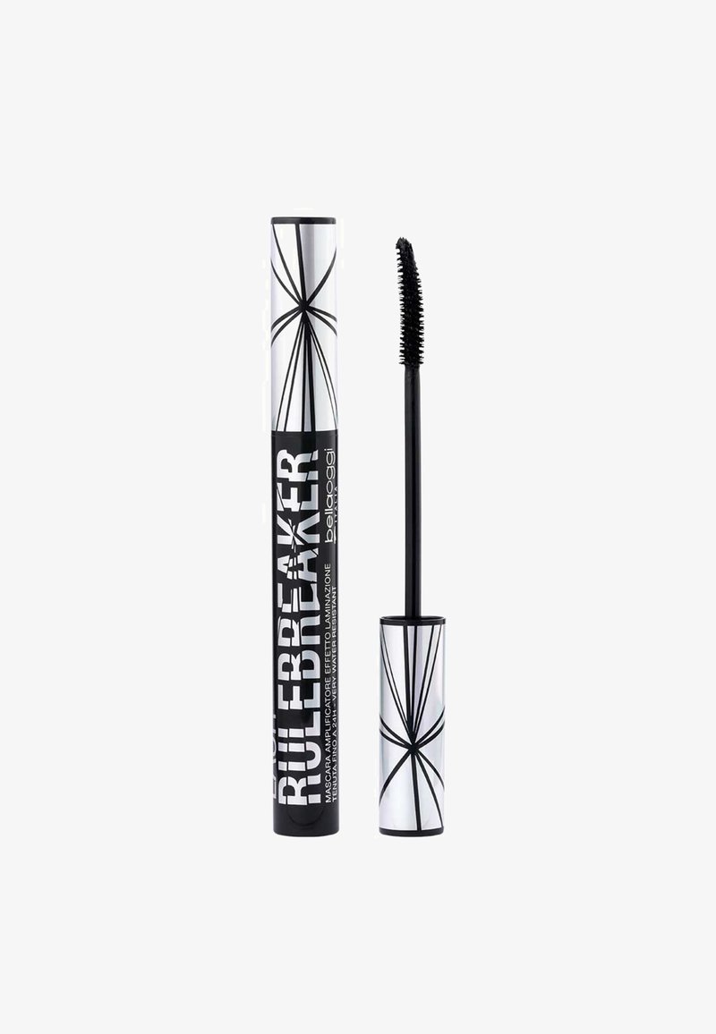 Tubetto di mascara in bianco e nero con un design geometrico, caratterizzato da un testo in grassetto. Include un pennello lungo e sottile con setole per l'applicazione.