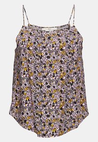 Camiseta sin mangas de estampado floral con flores amarillas, negras y lilas sobre un fondo rosa claro, con tirantes finos ajustables y un corte relajado.