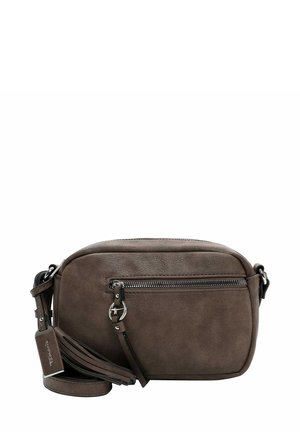 Brown faux leather crossbody bag with a smooth texture, rectangular shape, front zip pocket, and adjustable strap; includes a tassel accent.