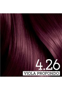 Campione di tinta per capelli viola etichettato "4.26 Viola Profondo", con ciocche lisce e lucide di un ricco e profondo tono viola.