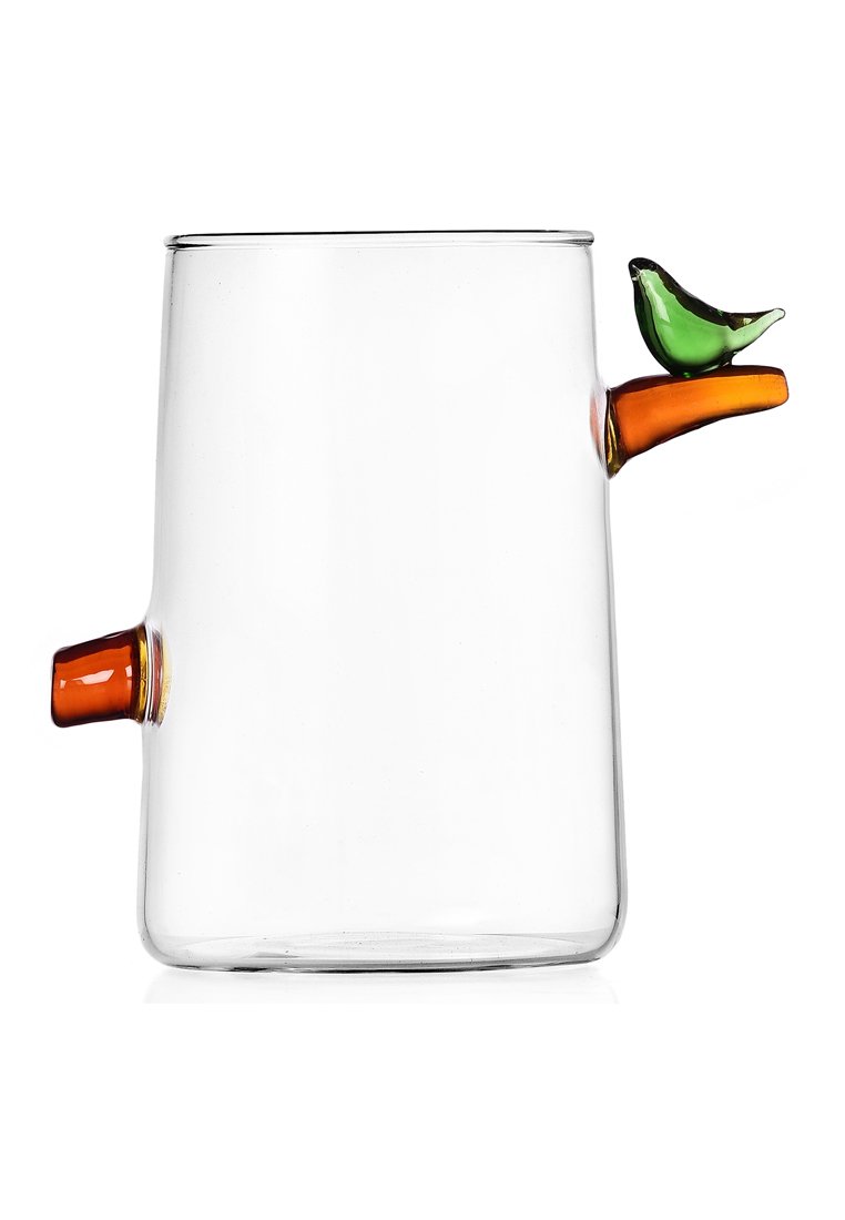 Przezroczysty szklany pojemnik o cylindrycznym kształcie. Zawiera pomarańczowy wylew oraz zielony akcent w postaci ptaka na gałęzi. Gładka faktura.