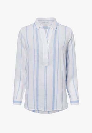 White linen shirt with light blue vertical stripes, collared neckline, and placket. Long sleeves with contrasting blue cuffs.