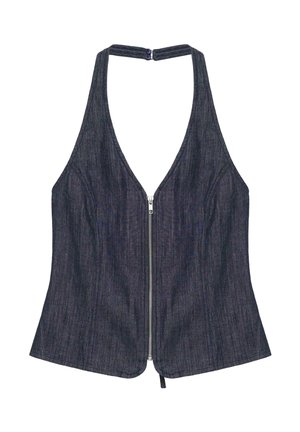 Haut sans manches en denim foncé style halter avec zip à l'avant et fermeture par agrafe au niveau du cou, cintré à la taille avec des détails subtils de coutures.