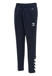 Marineblaue Polyester-Jogginghosen mit einem Kordelzugbund, schlankem Schnitt und weißen Logos sowie Chevron-Akzenten an den Seiten.