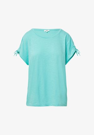 T-shirt z krótkim rękawem w kolorze turkusowym, z okrągłym dekoltem i bocznymi sznurkami na rękawach, wykonany z lekkiego, teksturowanego materiału.