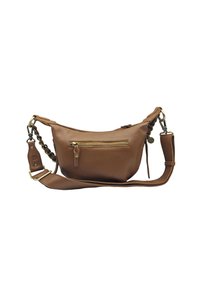Sac à épaule en cuir marron avec une forme arrondie, poche zippée à l'avant et une bandoulière en chaîne tressée. Dispose de quincaillerie dorée.