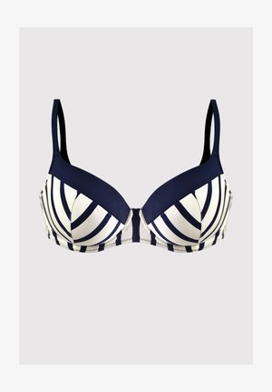 Niebiesko-kremowa, prążkowana biustonosz z fiszbinami, z formowanymi miseczkami, regulowanymi ramiączkami i gładką fakturą. Posiada zapięcie na hak i oczko z tyłu.