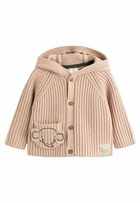Strickjacke für Babys in sanftem Rosa, mit Kapuze, gerippter Textur, vorderen Knöpfen und einer Tasche mit einem gestickten Elefantendesign.