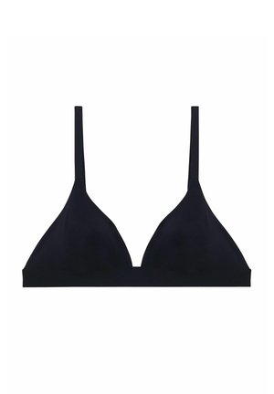 Sutien triunghiular negru cu bretele subțiri ajustabile, realizat dintr-un material neted. Dispune de un design fără cusături și un decolteu subtil în formă de V.