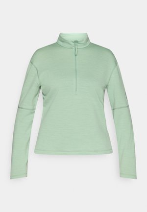 Mintgroene pullover met hoge kraag en halve rits. Lange mouwen en een gladde textuur, met platte naden en een getailleerd ontwerp.