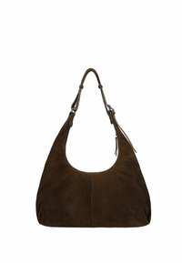 Hnědá semišová kabelka přes rameno s zaobleným vrškem, širokým tělem a jedním nastavitelným popruhem. Má hladkou strukturu a jednoduchý design.