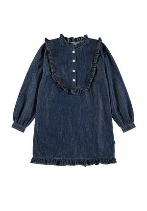 Mørkeblå denim kjole med lange ærmer, frontknaplukning, flæsekant rundt om bryst, krave, manchetter og kant.