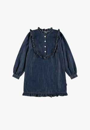 Mørkeblå denim kjole med lange ærmer, frontknaplukning, flæsekant rundt om bryst, krave, manchetter og kant.
