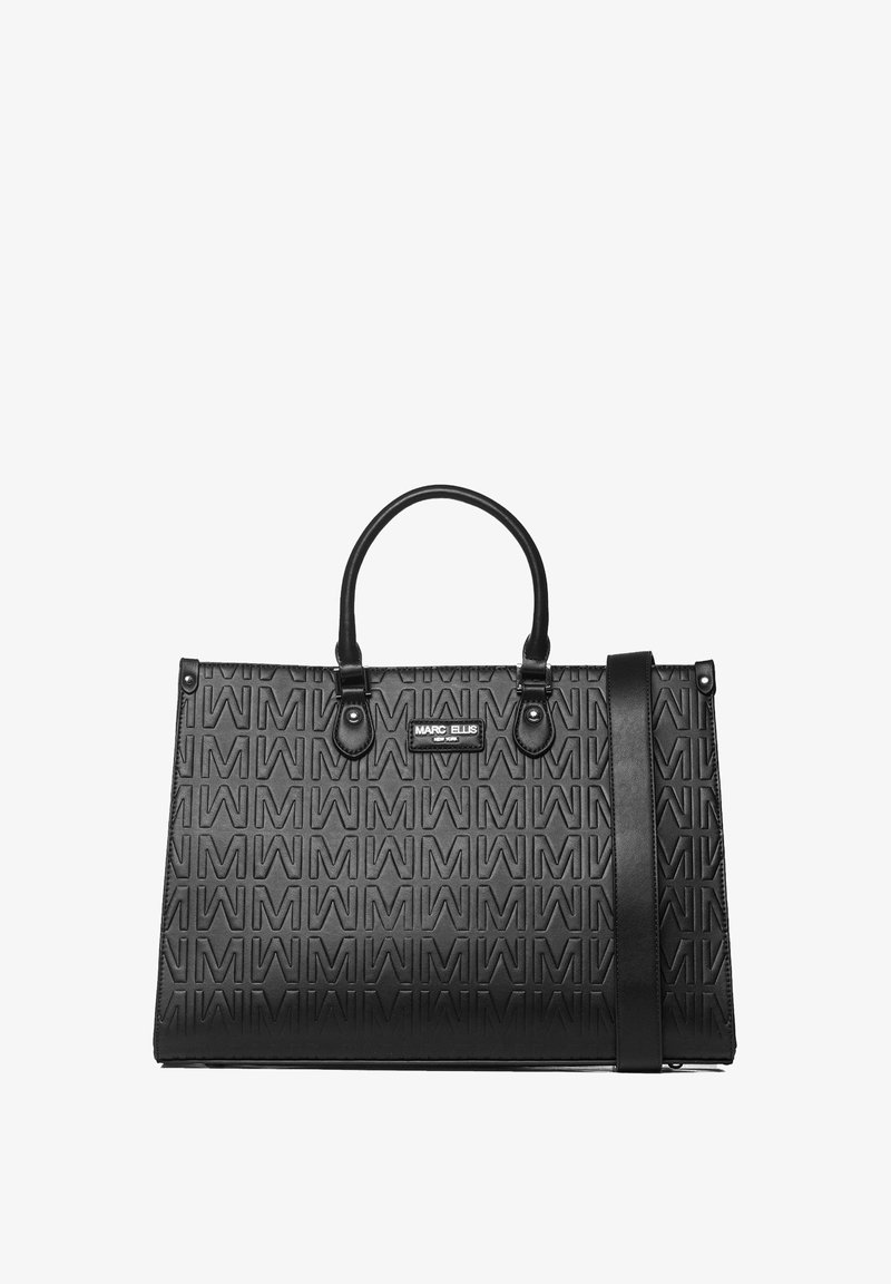 Sac à main synthétique noir avec motif de logo en relief, double poignées supérieures, bandoulière amovible et une forme rectangulaire structurée.