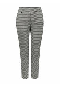 Pantaloni a scacchi bianco e nero, design tapered, con vita media e texture del tessuto liscia.