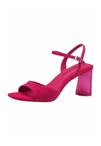 Lyserød ruskind højhælet sandal med åben tå, justerbar ankelrem og en klar, tykkere hæl. Glat tekstur og minimalistisk design.