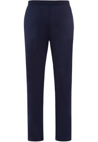 Marineblauwe, elastische broek met een zachte, gladde stof. Rechtaf lopend ontwerp zonder zichtbare zakken of versieringen.