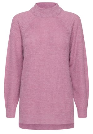 Rosa gestrickter Pullover mit hohem Kragen, Raglanärmel, gerippten Bündchen und lockerer Passform. Strukturiertes Material mit einem weichen, gemütlichen Aussehen.