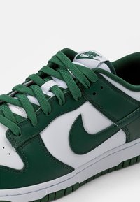Alacsony szárú Nike sneaker sötétzöld és fehér bőrpanelekkel, sötétzöld fűzőkkel, valamint Nike pipa logóval az oldalon és a nyelvén.
