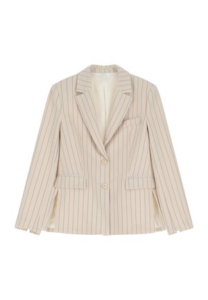 Blazer beige a righe sottili con rever a scannellatura, due tasche frontali, chiusura con un unico bottone e texture liscia. Linee verticali distintive.