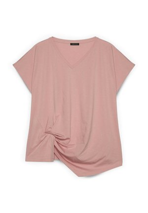 Weiche rosa kurzärmelige Bluse mit V-Ausschnitt und asymmetrischem Knotendetail auf der unteren linken Seite.