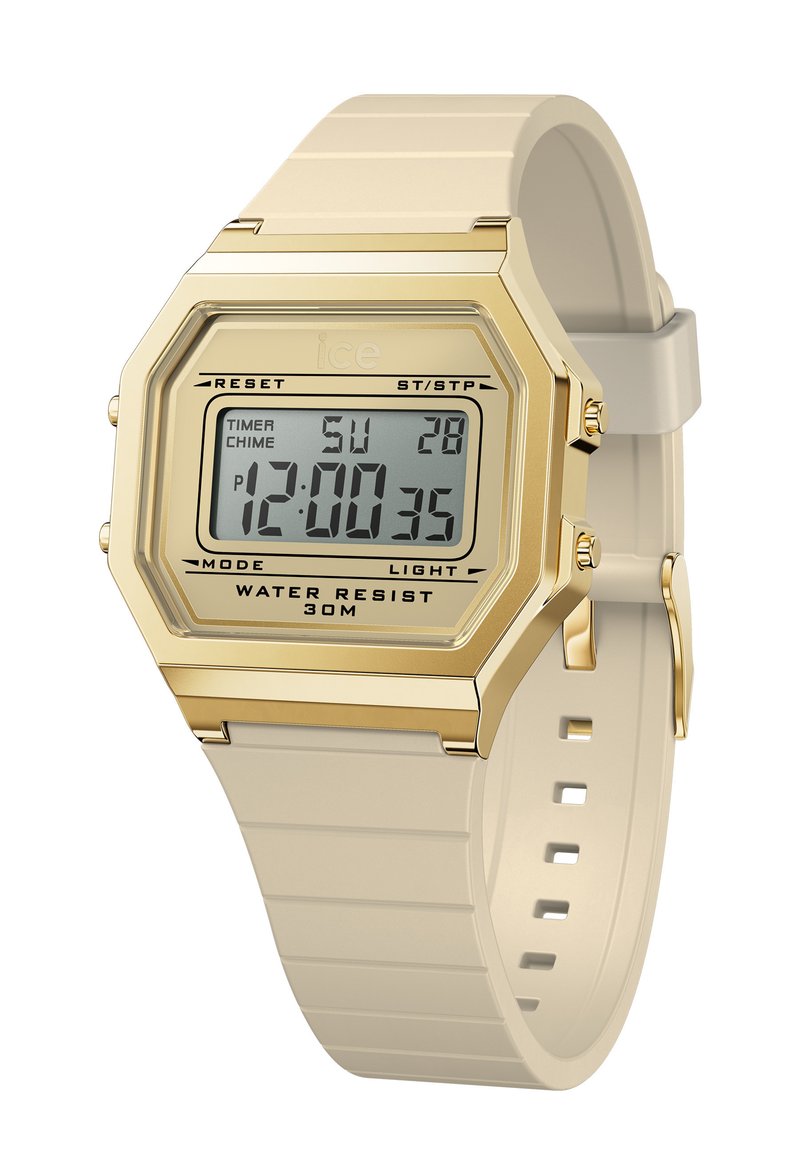 Montre numérique avec un cadran hexagonal doré, bracelet en silicone crème, dotée d'une lumière, d'un chronomètre et d'une résistance à l'eau jusqu'à 30 mètres.
