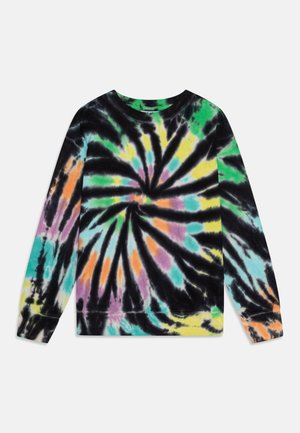 Sweat-shirt à col ras du cou à manches longues avec un motif spirale tie-dye multicolore comprenant des nuances de noir, vert, jaune, orange, violet et bleu.