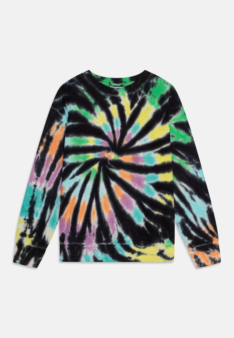 Sweat-shirt à col ras du cou à manches longues avec un motif spirale tie-dye multicolore comprenant des nuances de noir, vert, jaune, orange, violet et bleu.
