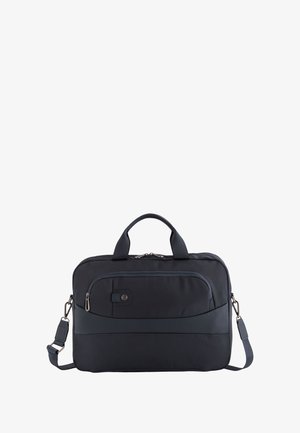 Schwarze Stoff-Laptoptasche mit doppelten Griffen, einem verstellbaren Schulterriemen und einer vorderen Reißverschlusstasche mit Logodetail. Glatte Textur.